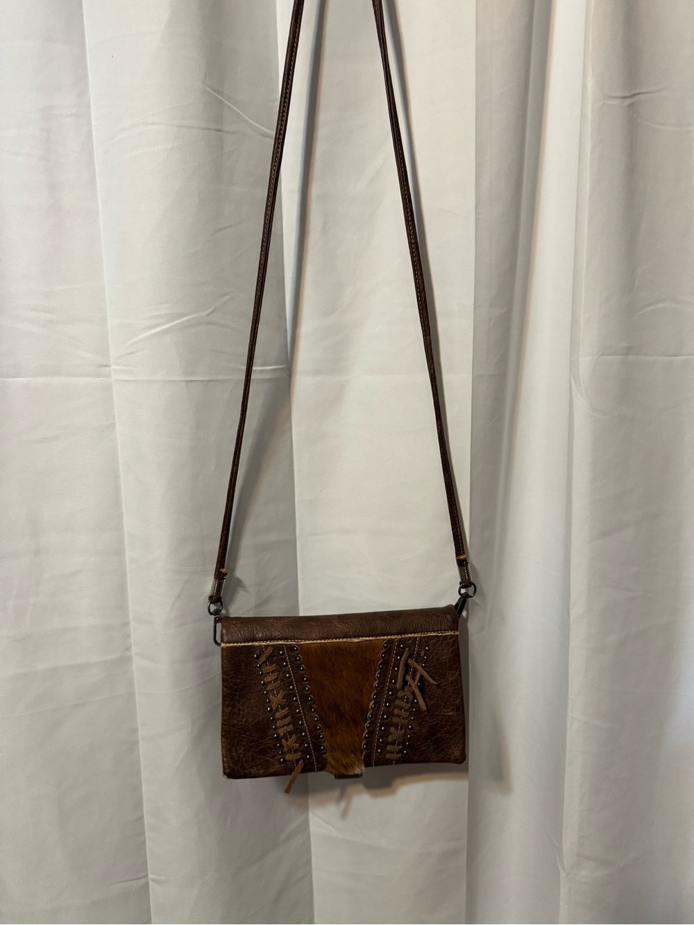 Brown Leather Studded Crossbody Bag with Fringe Accent